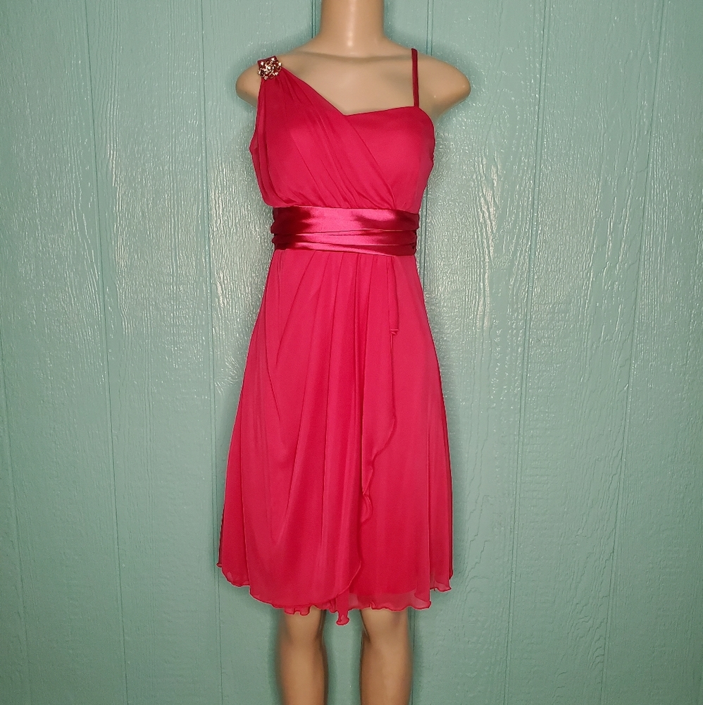 ❤️ Neon pink tie sheer wedding any parties dress one shoulder Size M